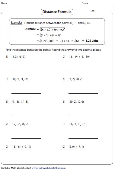 distance formula worksheet with answers